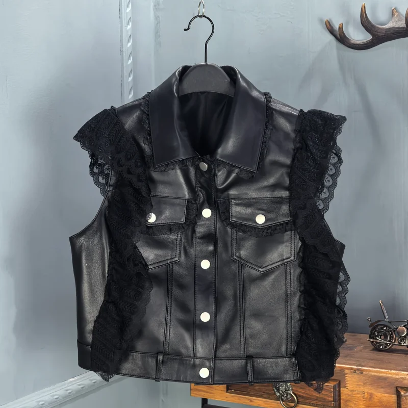 Spring 2026 Women's Genuine Leather Vest ort Sve Collar Bicolor eepskin Lace Splicing Slimming Design Outerwear
Spring 2026 Women's Genuine Leather Vest ort Sve Collar Bicolor eepskin Lace Splicing Slimming Design Outerwear