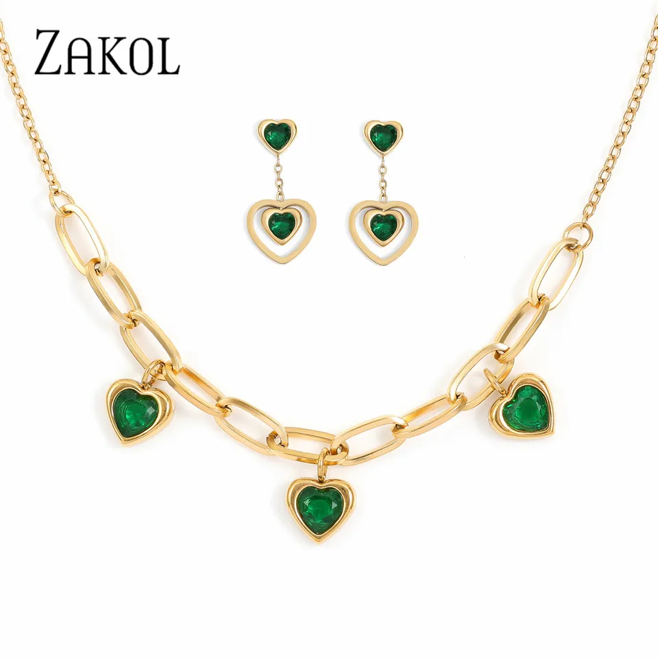 ZAKOL 316L Stainless Steel Heart Green White Zircon Pendant Necklace Earrings For Women Girl Fashion Jewelry Gift
ZAKOL 316L Stainless Steel Heart Green White Zircon Pendant Necklace Earrings For Women Girl Fashion Jewelry Gift