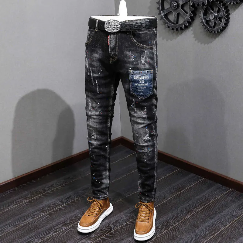 Street Fashion Men Jeans Retro Black Gray Stretch Slim Fit Painted Ripped Jeans Men Patched Designer Hip Hop Vintage Denim Pants
Street Fashion Men Jeans Retro Black Gray Stretch Slim Fit Painted Ripped Jeans Men Patched Designer Hip Hop Vintage Denim Pants