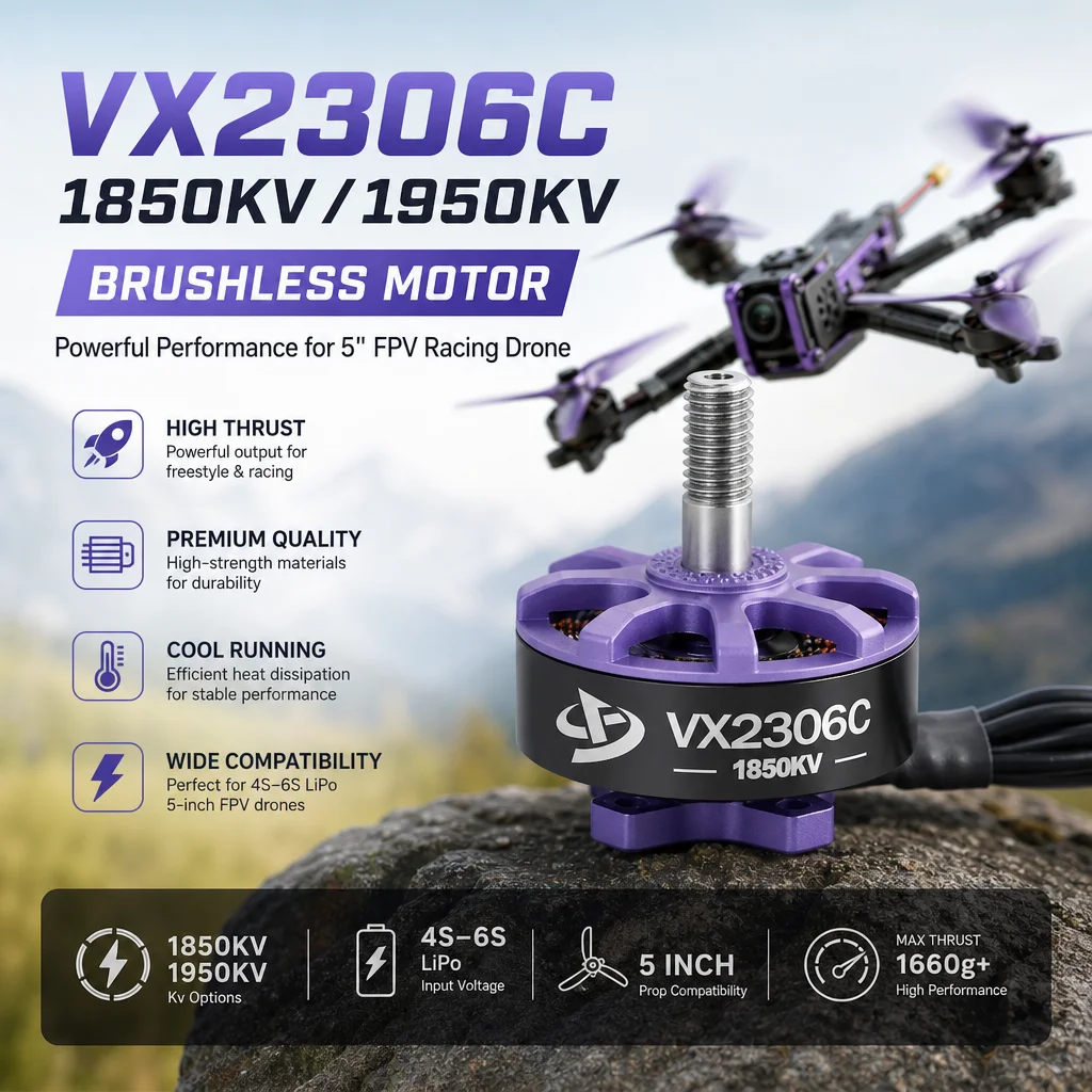 VX2306C 1850KV 1950KV Brushless Motor for 5 Inch FPV Freestyle Racing Drone 4-6S
VX2306C 1850KV 1950KV Brushless Motor for 5 Inch FPV Freestyle Racing Drone 4-6S