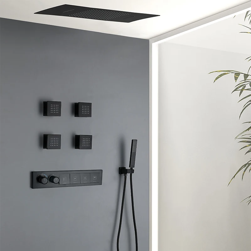 Concealed Shower Mixer Set 4 Body Jets Brass Matte Black Bathroom Thermostatic Rian Shower System With Celling Mounted Shower
Concealed Shower Mixer Set 4 Body Jets Brass Matte Black Bathroom Thermostatic Rian Shower System With Celling Mounted Shower