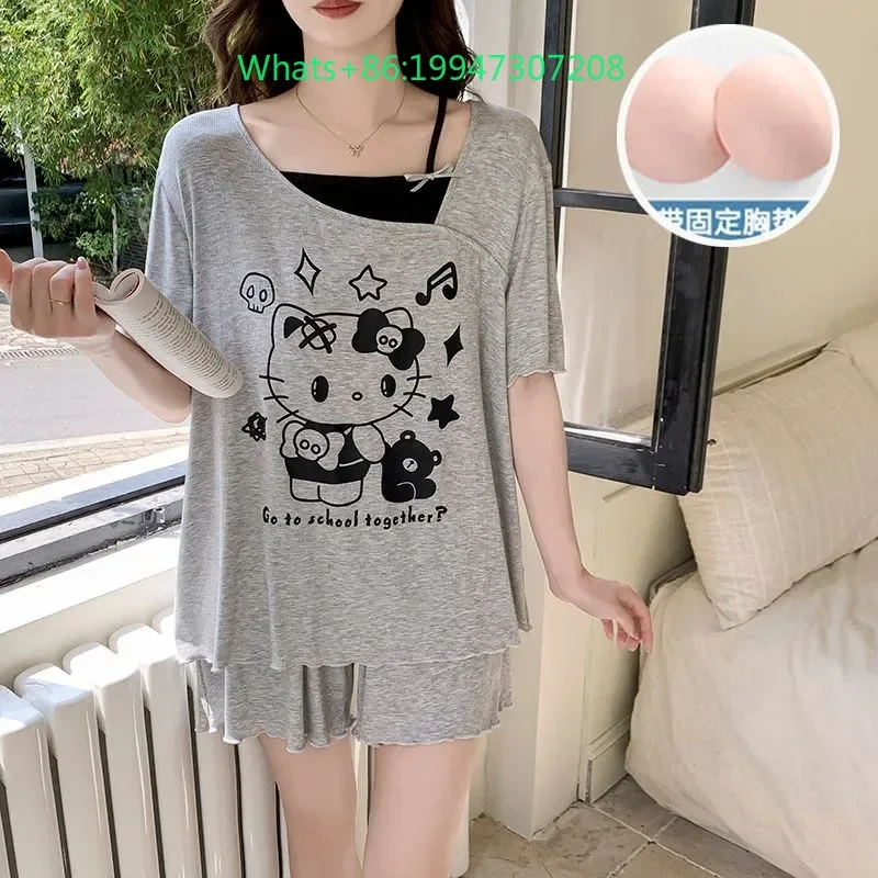 Новые летние серые пижамы с круглым вырезом и нагрудником, милые пижамы Hello Kitty с героями мультфильмов, женские шорты с короткими рукавами, комплект домашней одежды
Новые летние серые пижамы с круглым вырезом и нагрудником, милые пижамы Hello Kitty с героями мультфильмов, женские шорты с короткими рукавами, комплект домашней одежды