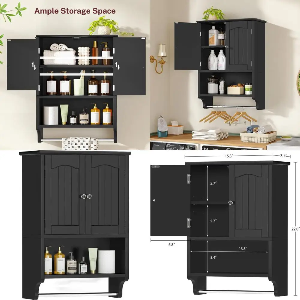 Black Wall-Mounted Cabinet with Adjustable Shelves and Towel Bar, Over-the-Toilet Storage Solution for Bathroom and Living Room
Black Wall-Mounted Cabinet with Adjustable Shelves and Towel Bar, Over-the-Toilet Storage Solution for Bathroom and Living Room