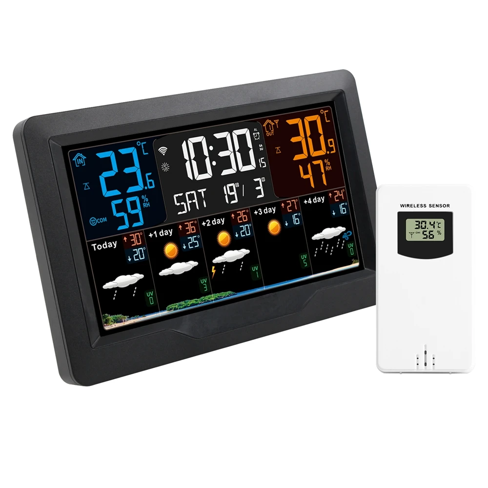 Tuya WIFI Weather Station Digital Color Screen Thermometer Hygrometer Online Weather Forecast Trend Wall Alarm Clock RF Sensor
Tuya WIFI Weather Station Digital Color Screen Thermometer Hygrometer Online Weather Forecast Trend Wall Alarm Clock RF Sensor