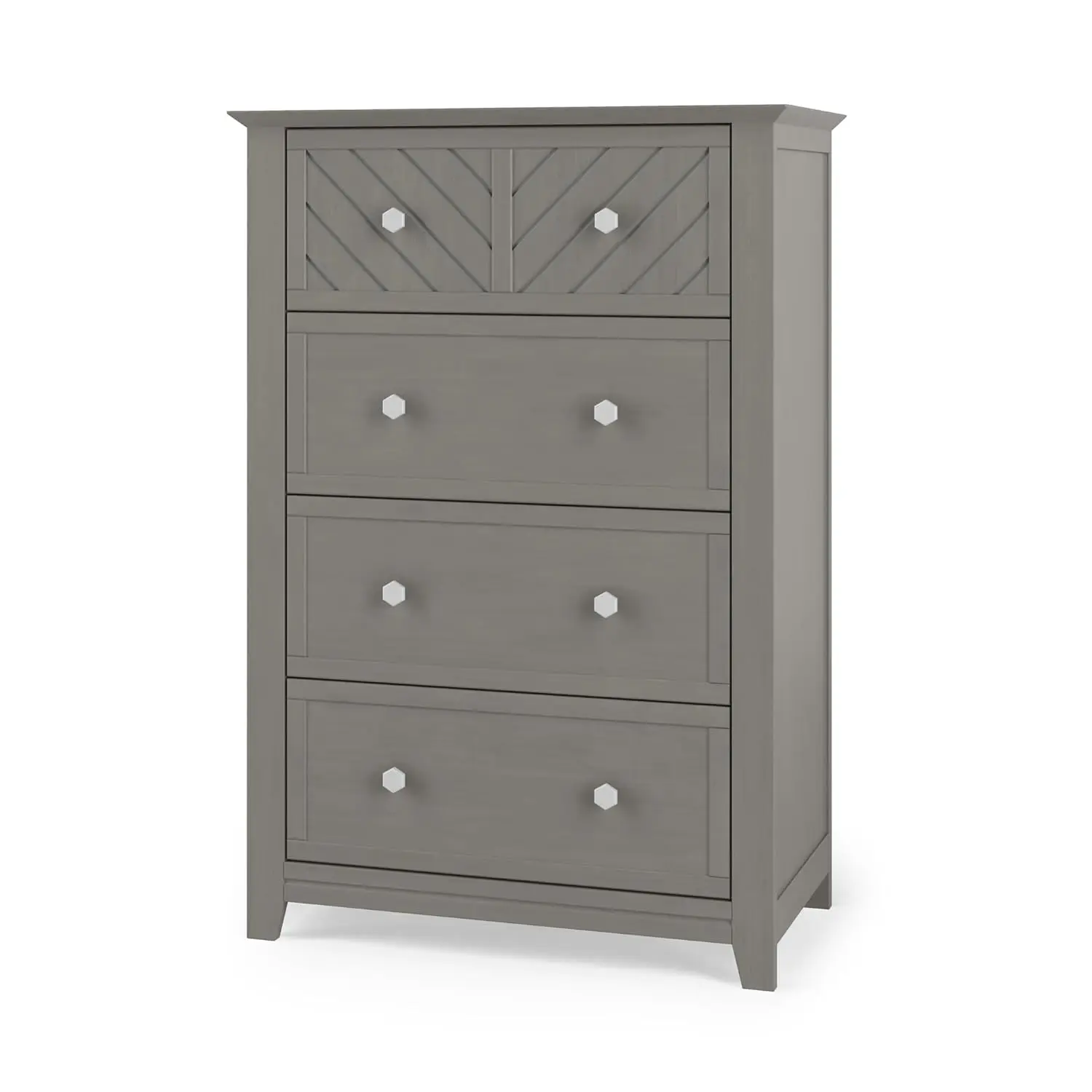 Atwood 4-Drawer Chest, 33" W Modern Nursery Chest with Chevron Top Drawer, Hexagonal Knobs, Anti-Tip Kit, Lunar Gray, Customized
Atwood 4-Drawer Chest, 33" W Modern Nursery Chest with Chevron Top Drawer, Hexagonal Knobs, Anti-Tip Kit, Lunar Gray, Customized