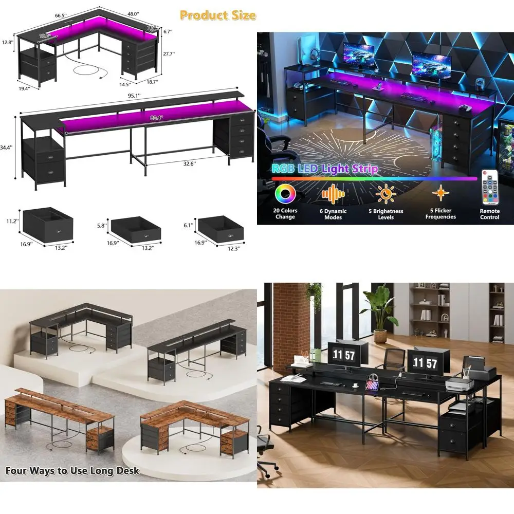 95 Dual-Person Gaming Desk with 6 Drawers, Storage Shelves, Power Outlets, LED Lights, and Monitor Shelf, Black
95 Dual-Person Gaming Desk with 6 Drawers, Storage Shelves, Power Outlets, LED Lights, and Monitor Shelf, Black