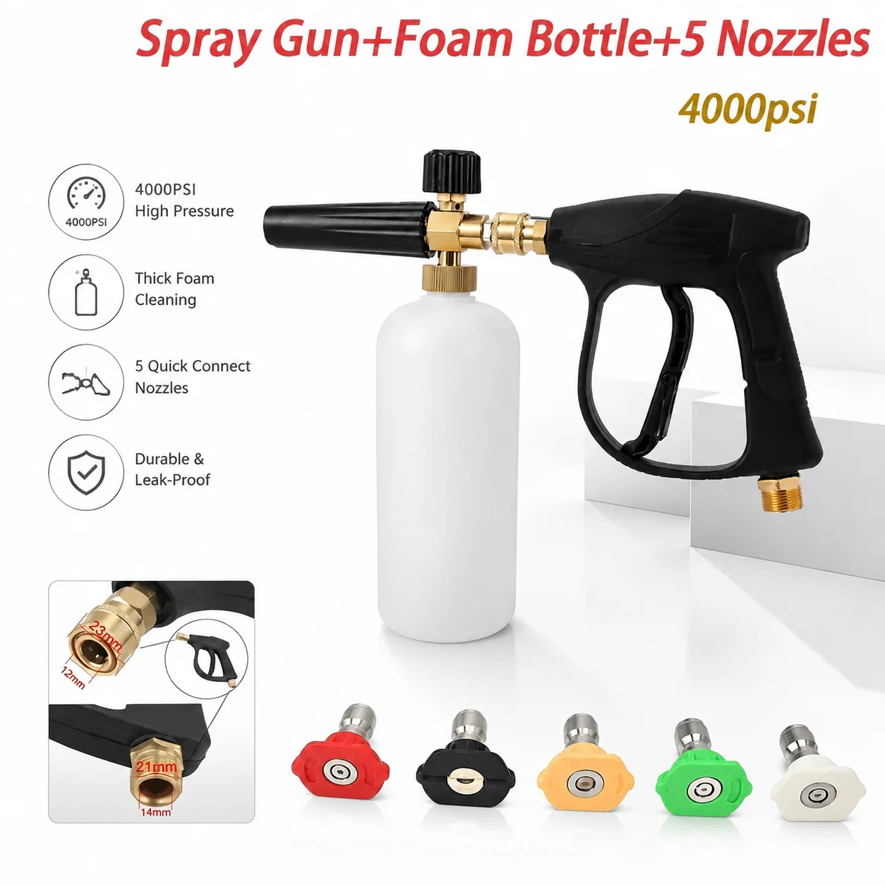 Adjustable High Pressure Snow Foam Car Wash Gun, M22-14 Thread & 1/4" Quick Connect with 5 Spray Nozzles for Vehicle Cleaning
Adjustable High Pressure Snow Foam Car Wash Gun, M22-14 Thread & 1/4" Quick Connect with 5 Spray Nozzles for Vehicle Cleaning