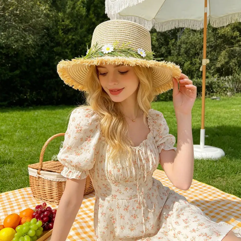 Casual Summer Hat Breathable Photo Prop Woven Straw Hat with Chrysanthemum Garland Lightweight Summer Beach Hat
Casual Summer Hat Breathable Photo Prop Woven Straw Hat with Chrysanthemum Garland Lightweight Summer Beach Hat