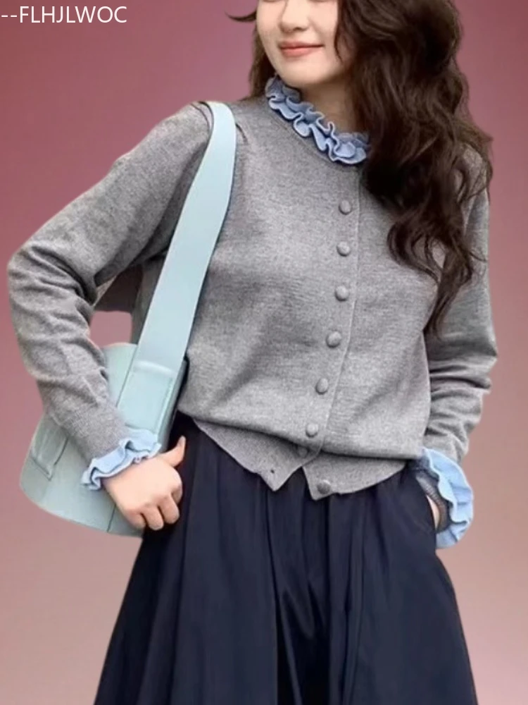 Короткая верхняя одежда, кардиганы, милые милые женские свитера для девочек FLHJLWOC, осень-зима, консервативный стиль, серое вязаное пальто с оборками на пуговицах
Короткая верхняя одежда, кардиганы, милые милые женские свитера для девочек FLHJLWOC, осень-зима, консервативный стиль, серое вязаное пальто с оборками на пуговицах
