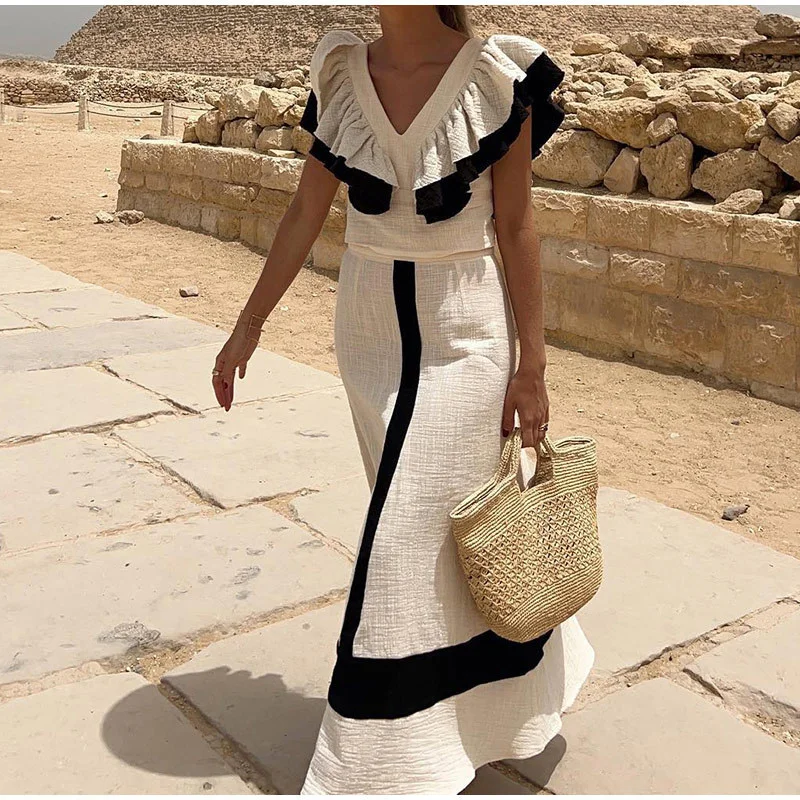Spliced White V-neck Women Dress Summer Flying Sleeve Pleated Slim High Waisted Long Skirt Vacation Casual Color Matching Skirt
Spliced White V-neck Women Dress Summer Flying Sleeve Pleated Slim High Waisted Long Skirt Vacation Casual Color Matching Skirt