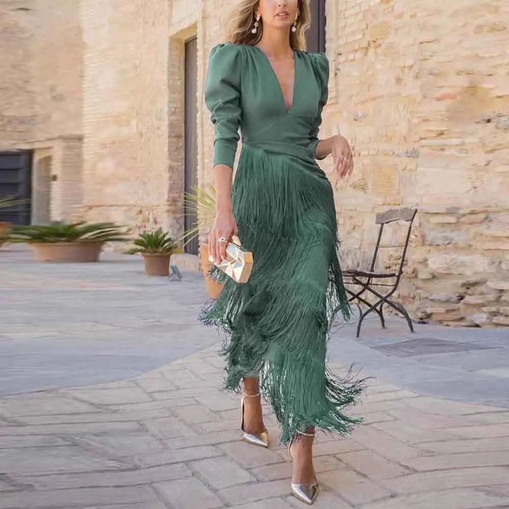Customized Tassel Tea Length Prom Dress V Neck Full Sleeve Bodycon Formal Cocktail Dresses Back Split Maxi Gowns
Customized Tassel Tea Length Prom Dress V Neck Full Sleeve Bodycon Formal Cocktail Dresses Back Split Maxi Gowns