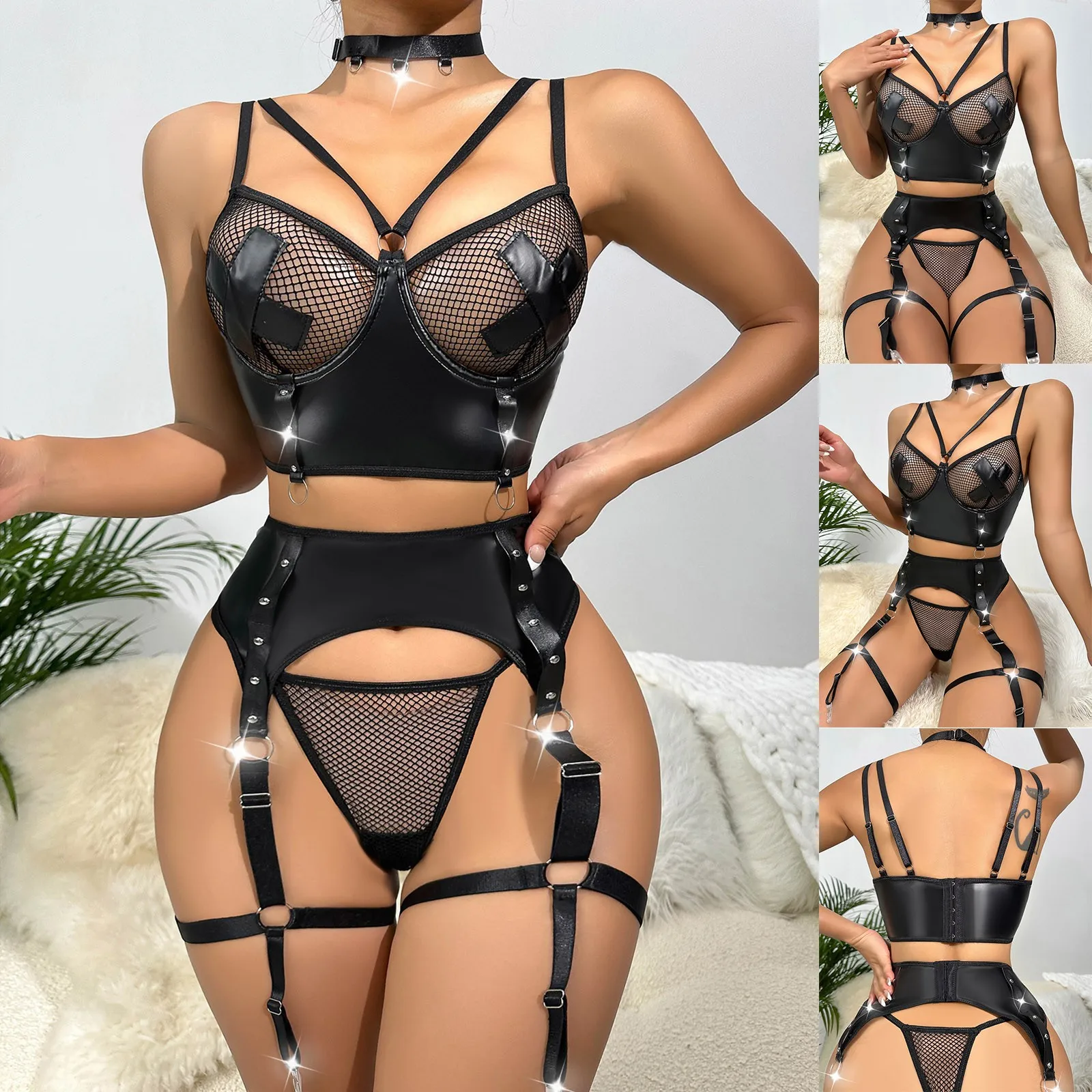 Sexy Leather Lingerie Set Women Bras Short Tops Panties Suit with Garter Belt Catsuit Clubwear Fishnet See Through Bra Thong
Sexy Leather Lingerie Set Women Bras Short Tops Panties Suit with Garter Belt Catsuit Clubwear Fishnet See Through Bra Thong