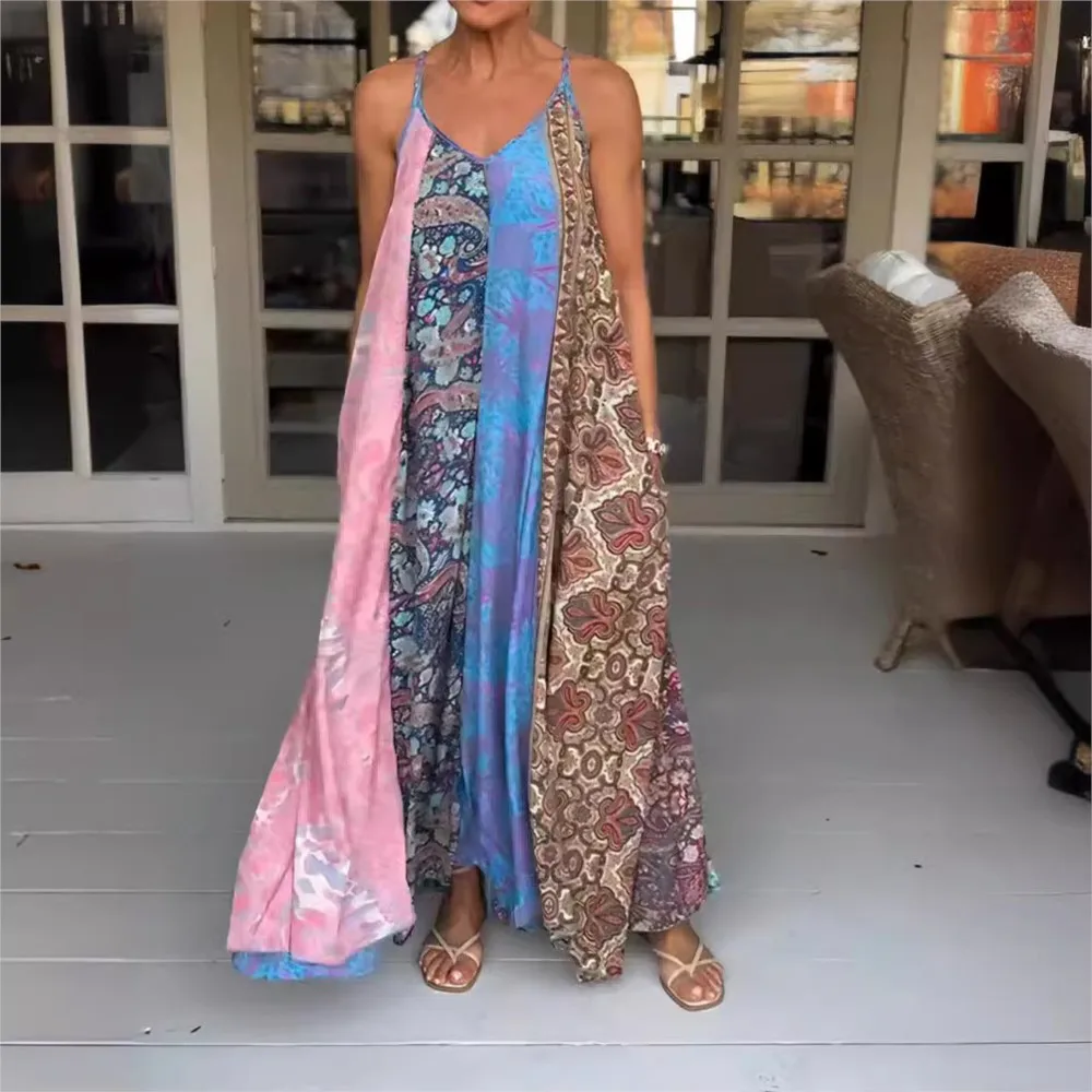 Summer Women's Color Matching Holiday Sexy Halter Long Dress Vintage Print Fashion Loose Casual Maxi Dalian Beach Dresses Female
Summer Women's Color Matching Holiday Sexy Halter Long Dress Vintage Print Fashion Loose Casual Maxi Dalian Beach Dresses Female
