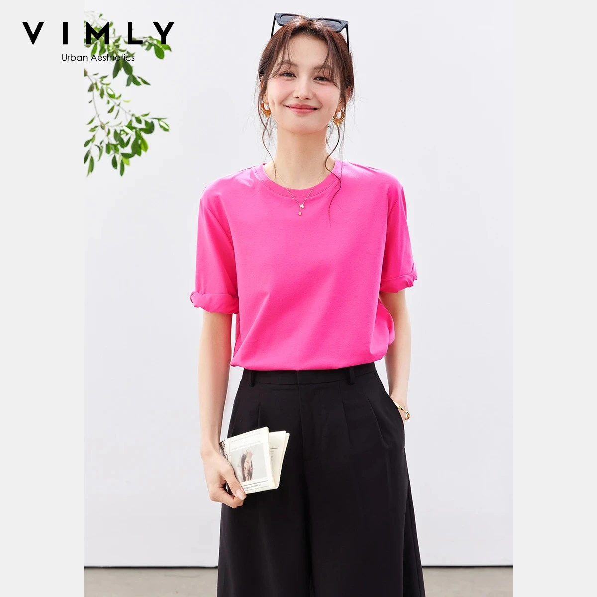 VIMLY Women's Simple Round Neck Short Sleeve T-Shirt 2026 Summer New Asymmetrical Cuff Design Fuchsia Casual Office Top A6107
VIMLY Women's Simple Round Neck Short Sleeve T-Shirt 2026 Summer New Asymmetrical Cuff Design Fuchsia Casual Office Top A6107