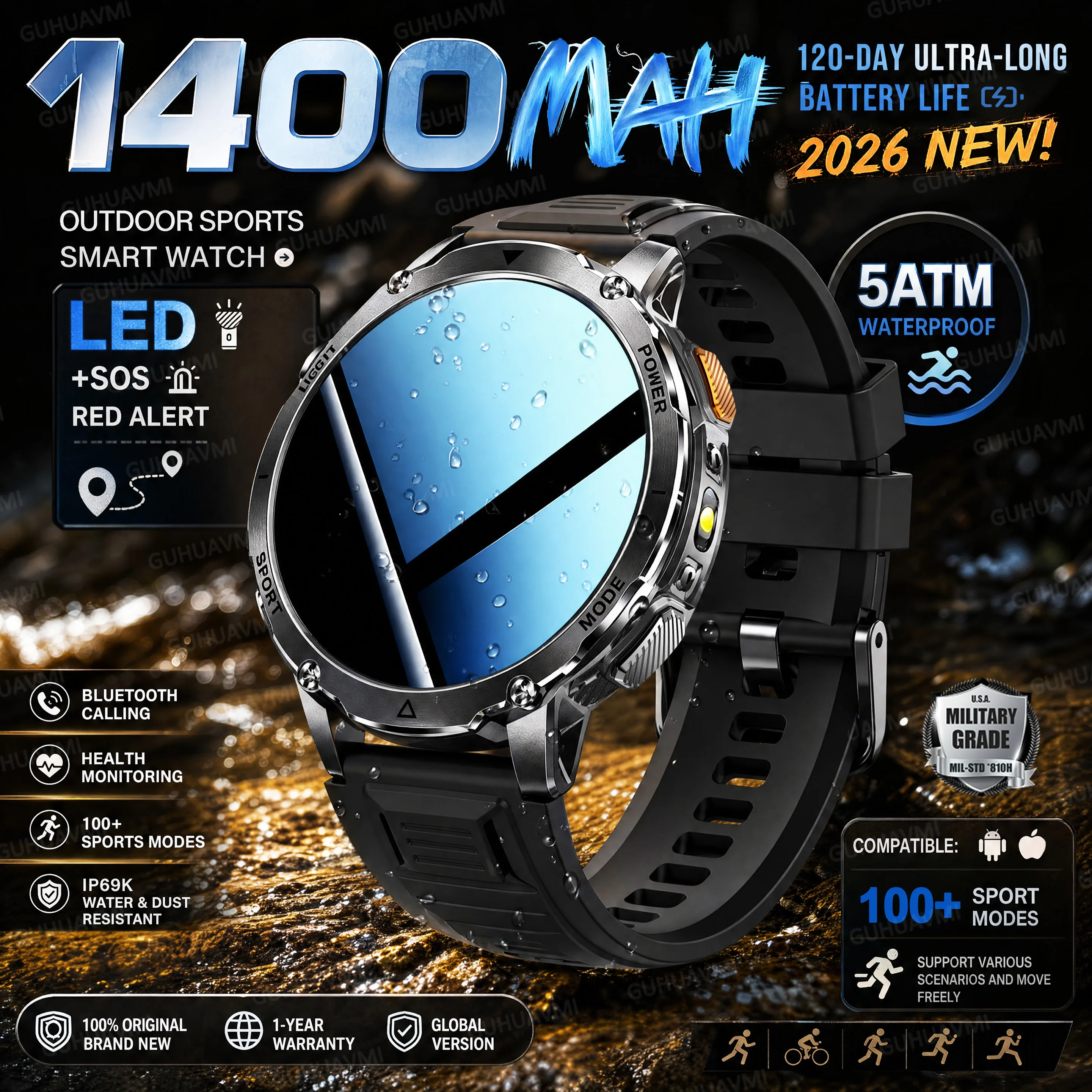 2026New Military 1400mAh Battery Smartwatch Men 1.7 inches Sapphire glass 5ATM Waterproof Flashlight Sports Bluetooth call Watch
2026New Military 1400mAh Battery Smartwatch Men 1.7 inches Sapphire glass 5ATM Waterproof Flashlight Sports Bluetooth call Watch