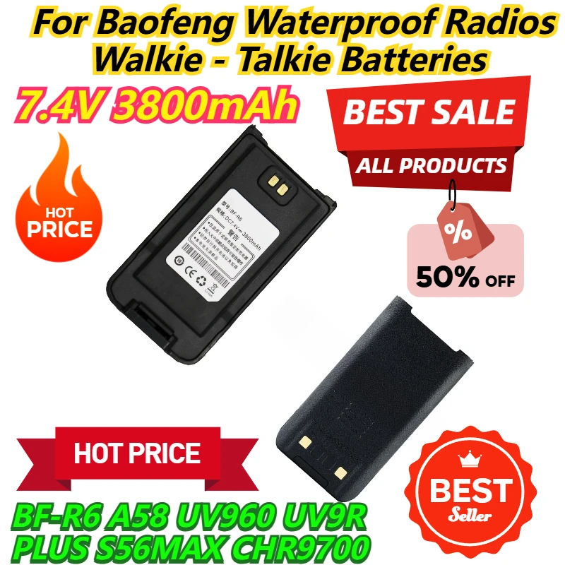 For Baofeng Waterproof Radios BF-R6 A58 UV960 UV9R PLUS S56MAX CHR9700 Walkie - Talkie Batteries 7.4V 3800mAh
For Baofeng Waterproof Radios BF-R6 A58 UV960 UV9R PLUS S56MAX CHR9700 Walkie - Talkie Batteries 7.4V 3800mAh