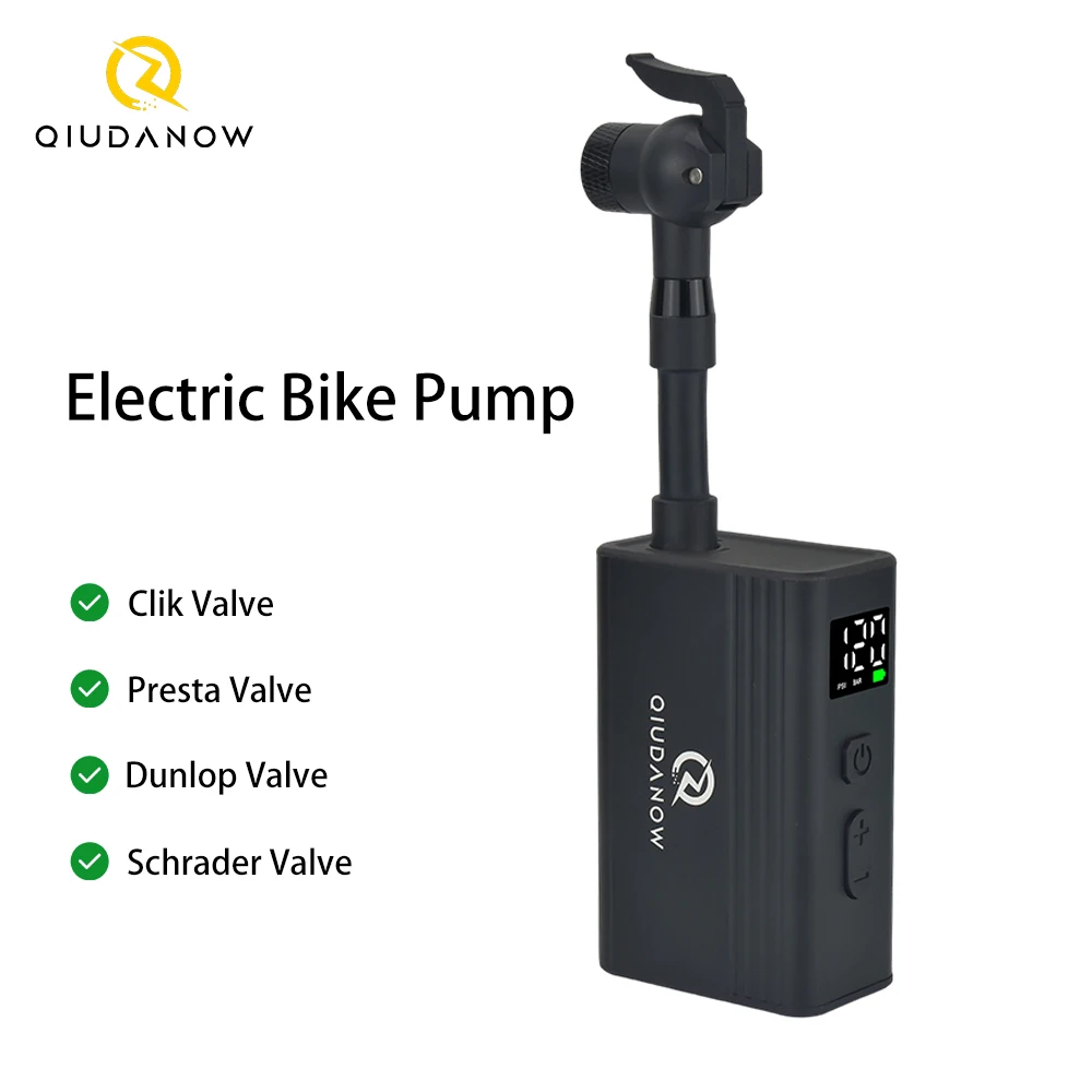 QIUDANOW Electric Bicycle Inflator with 120 PSI Digital Gauge for Mountain Bike / Road Bike Presta Schrader Dunlop Clik Valve
QIUDANOW Electric Bicycle Inflator with 120 PSI Digital Gauge for Mountain Bike / Road Bike Presta Schrader Dunlop Clik Valve