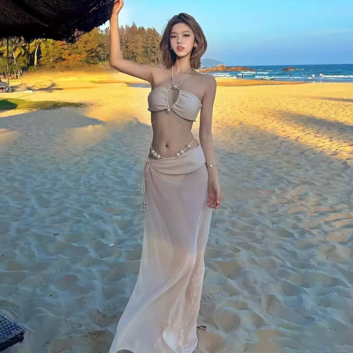Boho Pearl Trim Halter Bikini Set with Sheer Long Skirt Cover Up Beach Vacation Outfit
Boho Pearl Trim Halter Bikini Set with Sheer Long Skirt Cover Up Beach Vacation Outfit