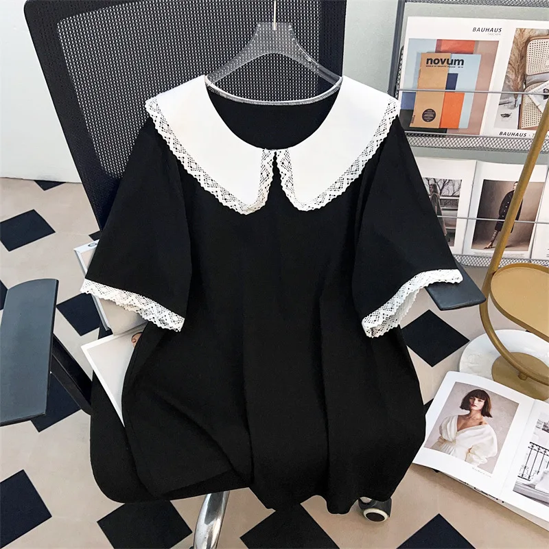 Fattened plus-size women's summer wear doll collar top, fat sister slim short-sleeved T-shirt
Fattened plus-size women's summer wear doll collar top, fat sister slim short-sleeved T-shirt