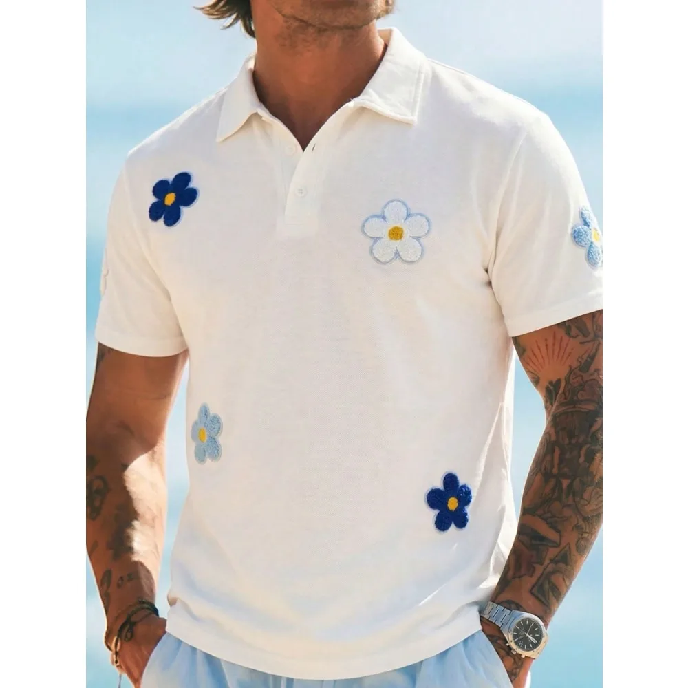 Men's Short Sleeve Polo Shirt With 3D Floral Embroidery Patch, Minimalist Design, Showcasing Y2K Streetwear , Multi-Color Daisy Pattern, Soft Fabric, Suitable For Summer Casual Parties
Men's Short Sleeve Polo Shirt With 3D Floral Embroidery Patch, Minimalist Design, Showcasing Y2K Streetwear , Multi-Color Daisy Pattern, Soft Fabric, Suitable For Summer Casual Parties