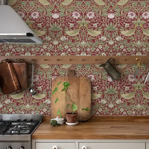 Retro Red Floral Vinyl Wallpaper Peel And Stick Yellow Birds Self Adhesive Wall Contact Paper Chic Waterproof Cabinet Stickers