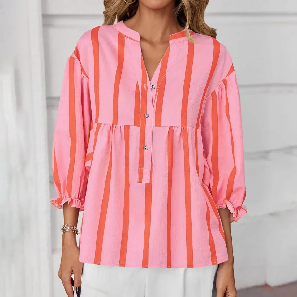 Loose Striped Printed Shirt Fashion V-neck Buttons Seven-quarter Sleeve Spliced shirt Spring Autumn Commuting Women's Clothing
Loose Striped Printed Shirt Fashion V-neck Buttons Seven-quarter Sleeve Spliced shirt Spring Autumn Commuting Women's Clothing