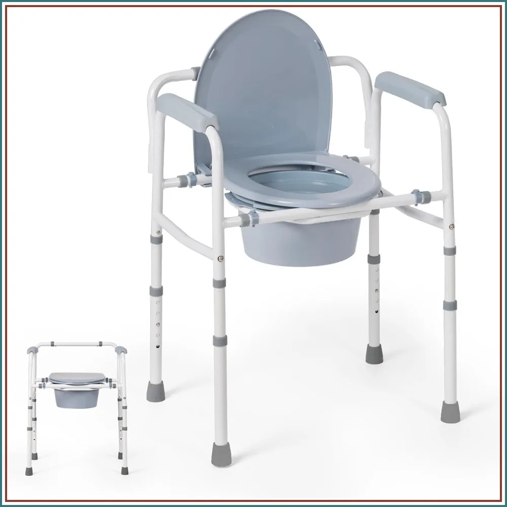 Bedside Commode Chair with Bucket, Extra Wide Seat, Folding Steel, 5 Heights, 300 lbs Capacity
Bedside Commode Chair with Bucket, Extra Wide Seat, Folding Steel, 5 Heights, 300 lbs Capacity