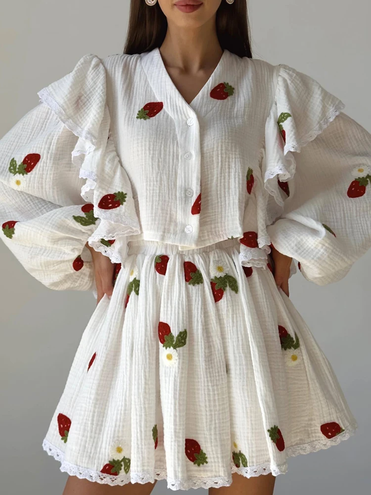 Home Suit Women Pajamas Cotton Linen Top Skirt Set Summer Strawberry Pattern Ruffle Long Sleeve Button Blouse Mini Skirt Outfits
Home Suit Women Pajamas Cotton Linen Top Skirt Set Summer Strawberry Pattern Ruffle Long Sleeve Button Blouse Mini Skirt Outfits