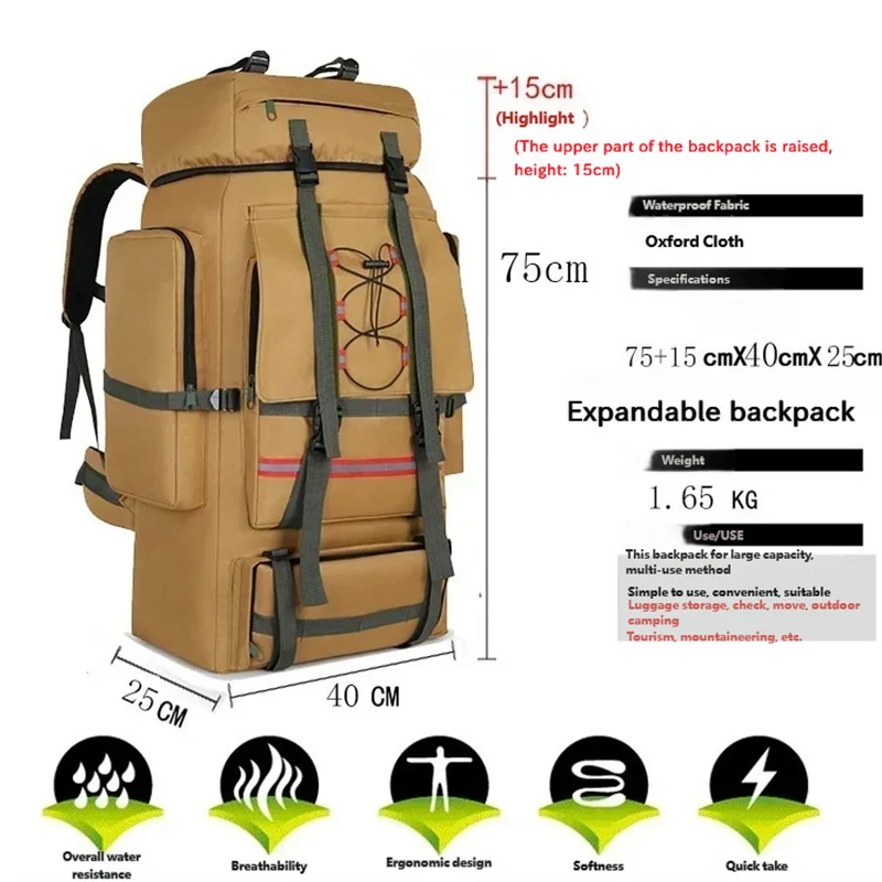 130L Large Capacity Increase Height 15cm Mountaineering Bag Rucksack Outdoor Travel Camping Multifunctional Waterproof Backpack
130L Large Capacity Increase Height 15cm Mountaineering Bag Rucksack Outdoor Travel Camping Multifunctional Waterproof Backpack