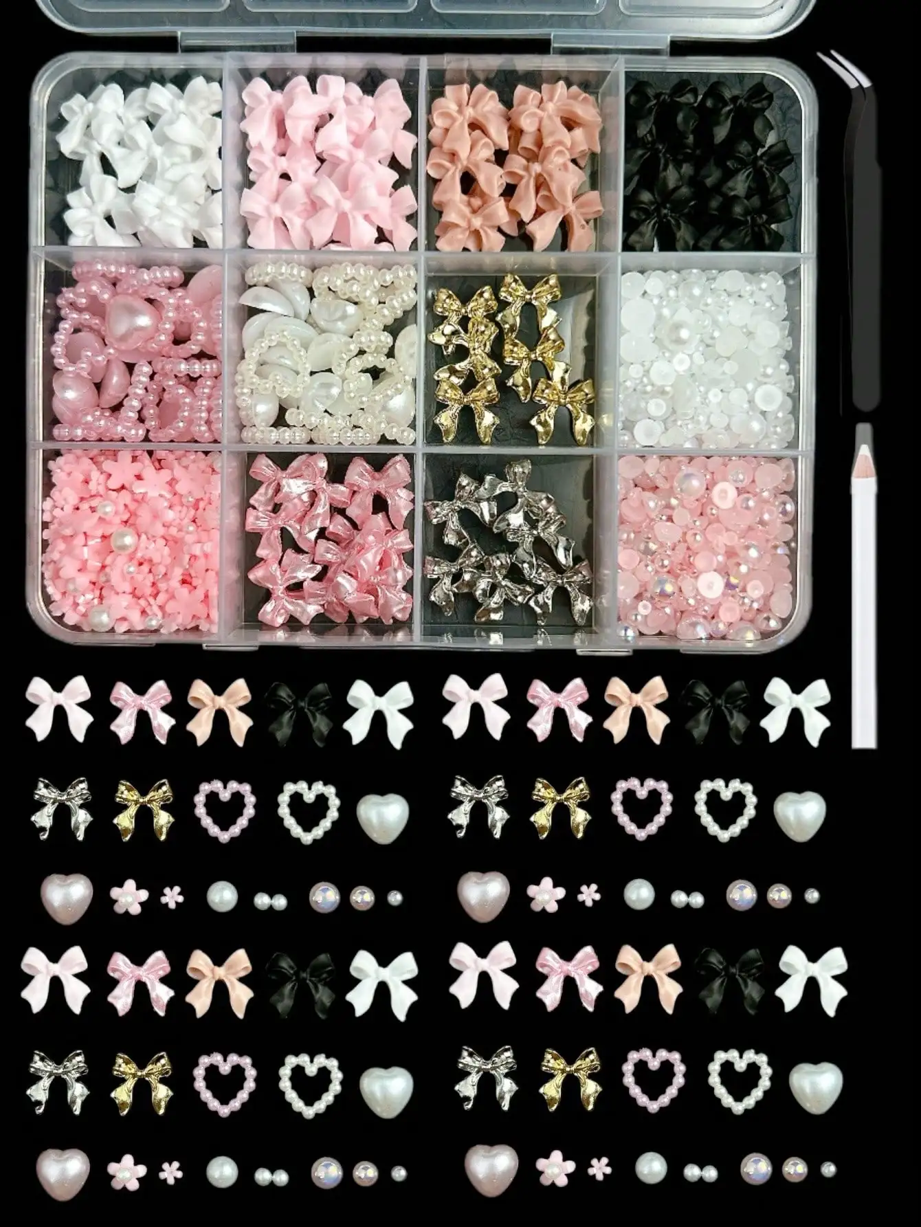 12-Compartment Box Mixed Resin Pearl Bow, Heart, Mini Floral Decor For Diy Nail Art Accessories, Versatile & Cute Nail Supplies Nails Nail Charms Nail Gems
12-Compartment Box Mixed Resin Pearl Bow, Heart, Mini Floral Decor For Diy Nail Art Accessories, Versatile & Cute Nail Supplies Nails Nail Charms Nail Gems