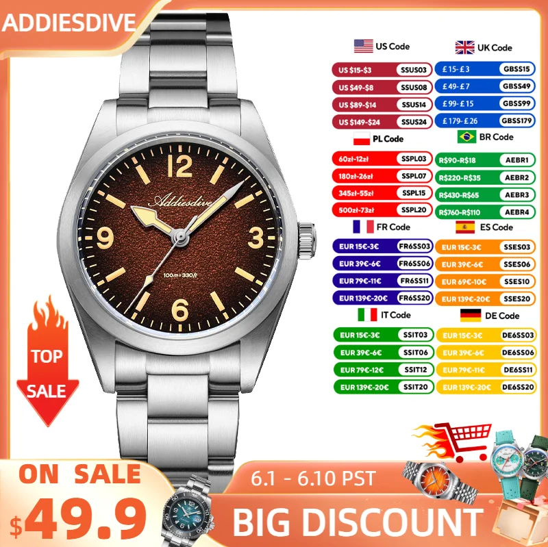 ADDIESDIVE Watch Men New 36mm Sapphire Ultra-thin Quartz Watch 100m Waterproof C3 Luminous 316L Stainless Steel Watch AD2544
ADDIESDIVE Watch Men New 36mm Sapphire Ultra-thin Quartz Watch 100m Waterproof C3 Luminous 316L Stainless Steel Watch AD2544
