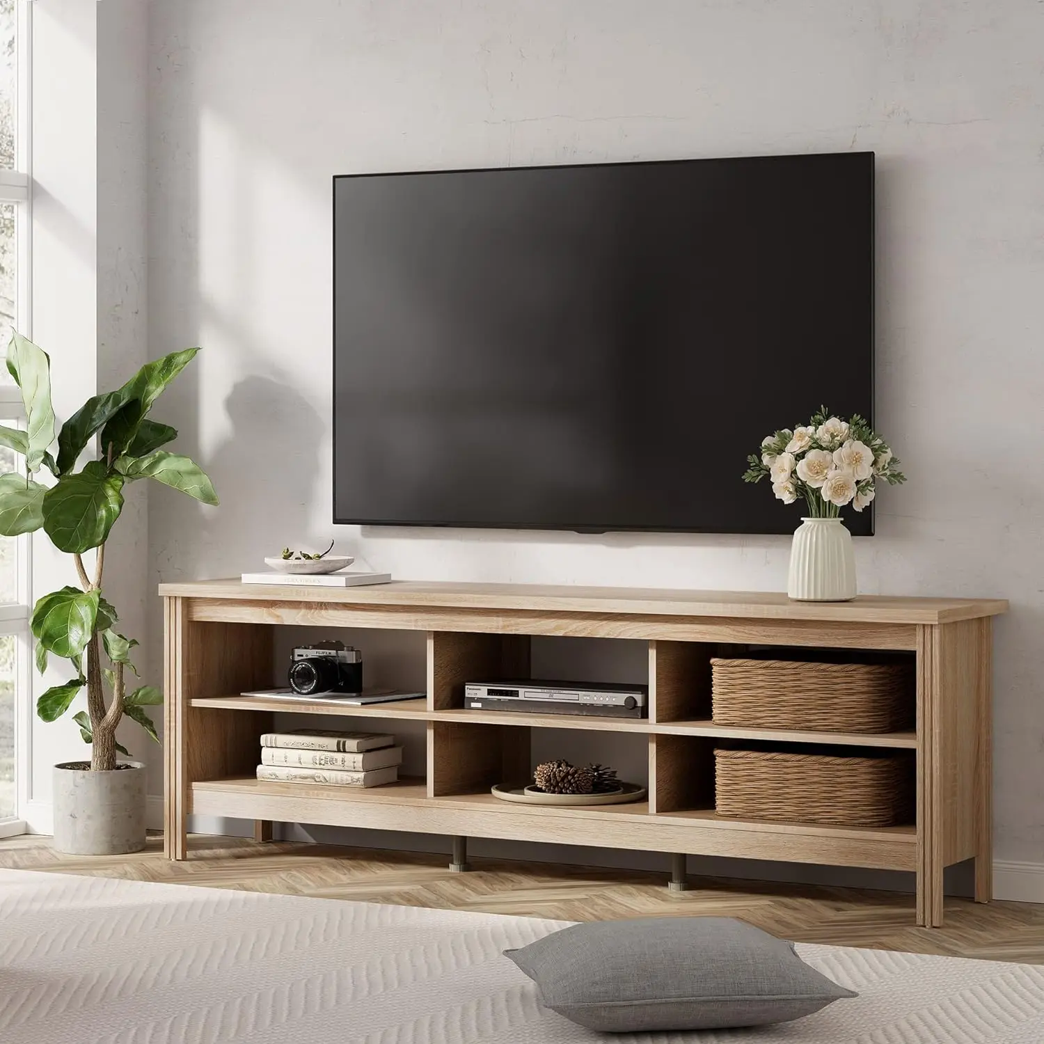 Farmhouse TV Stand for TVs up to 80 Inches, White Oak Entertainment Center for 75 inch TV Console Table with 6 Cubby Storage
Farmhouse TV Stand for TVs up to 80 Inches, White Oak Entertainment Center for 75 inch TV Console Table with 6 Cubby Storage