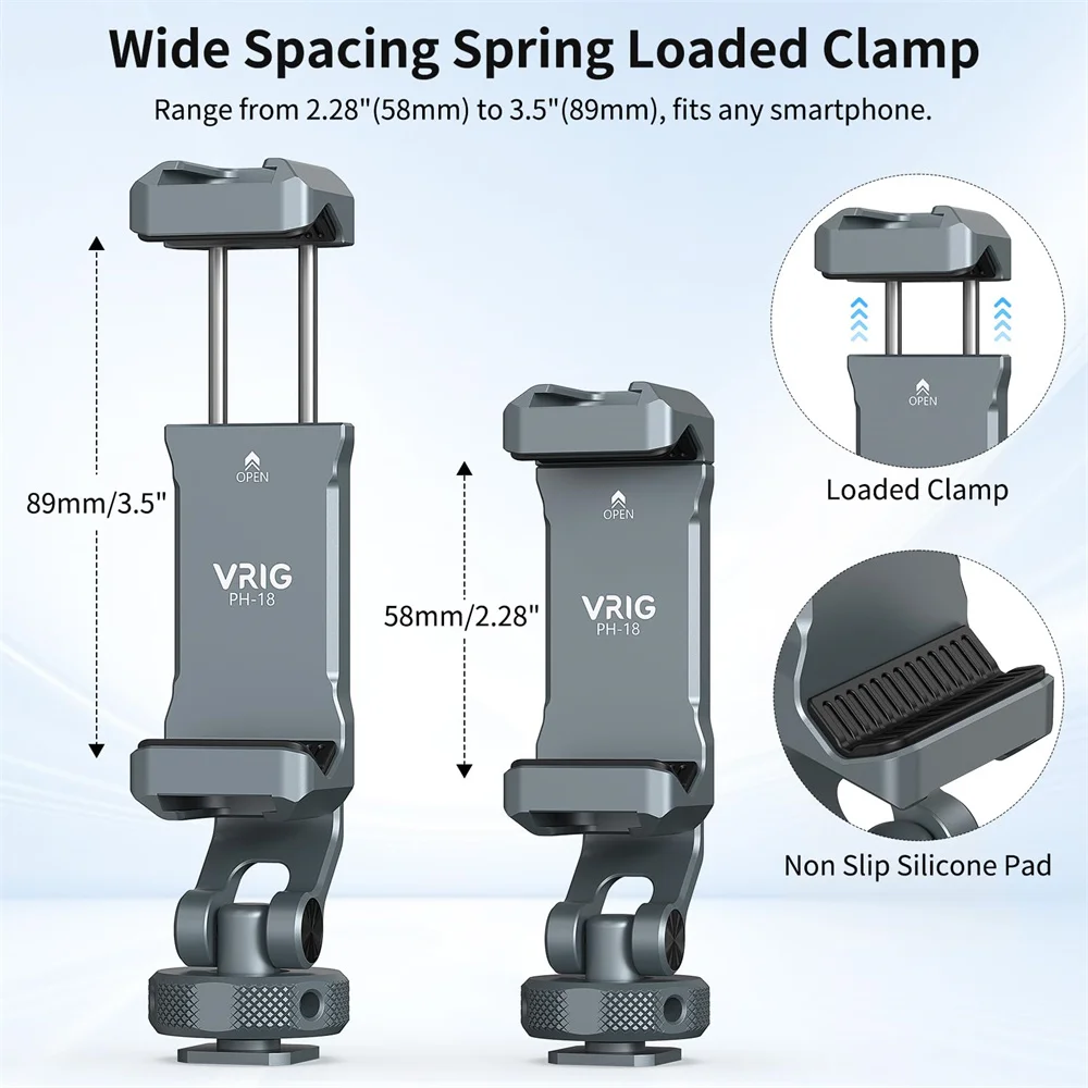 VRIG Hot Shoe Phone Clamp Metal Phone Holder for iPhone 17-12 Camera Tripod Mic Light Video Recording with Dual Cold Shoe & 1/4"
VRIG Hot Shoe Phone Clamp Metal Phone Holder for iPhone 17-12 Camera Tripod Mic Light Video Recording with Dual Cold Shoe & 1/4"