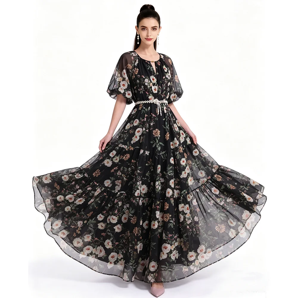 Black Vintage Floral Tiered Maxi Dress, Women's Flowy Batwing Sleeve Gown with Beaded Belt for Evening Parties
Black Vintage Floral Tiered Maxi Dress, Women's Flowy Batwing Sleeve Gown with Beaded Belt for Evening Parties