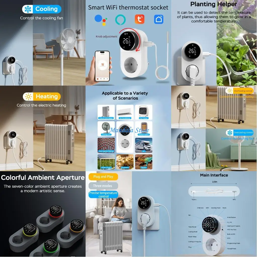 U2JC Thermostat, Programmable WiFi thermostat socket, 1800W Digital Display, Rotary APP Controlled Temperature Control Socket