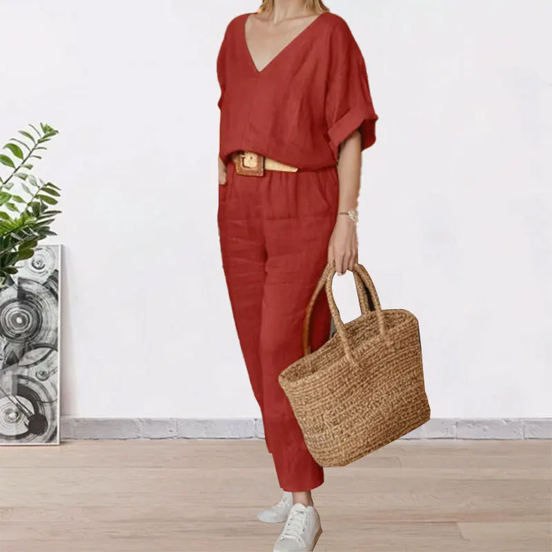 Женский элегантный костюм с V-образным вырезом, свободный спортивный костюм, Новинка лета 2024 
Женский элегантный костюм с V-образным вырезом, свободный спортивный костюм, Новинка лета 2024