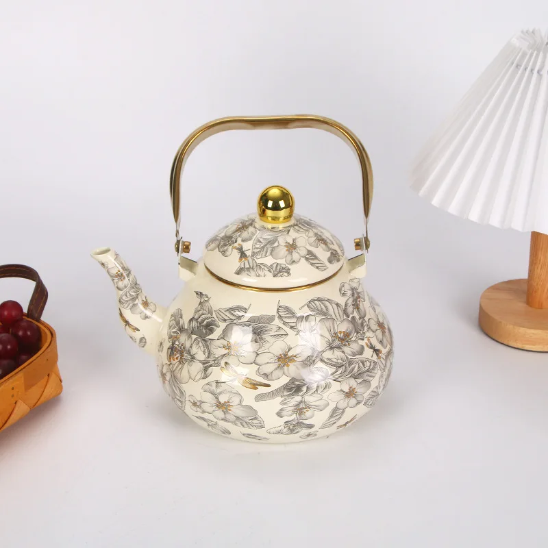 1.5L Vintage Enamel Tea Kettle Gold Handle Stovetop Coffee Pot Pear Shaped Water Pitcher for Camping Kitchen Home Outdoor
1.5L Vintage Enamel Tea Kettle Gold Handle Stovetop Coffee Pot Pear Shaped Water Pitcher for Camping Kitchen Home Outdoor