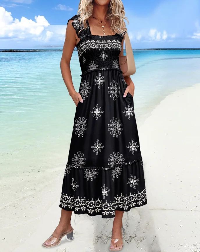 Geometric Pattern Printed Square Neck Pleated Dress, Casual Strapless with Pocket A-Line Dress, Summer Casual Beach Dress
Geometric Pattern Printed Square Neck Pleated Dress, Casual Strapless with Pocket A-Line Dress, Summer Casual Beach Dress