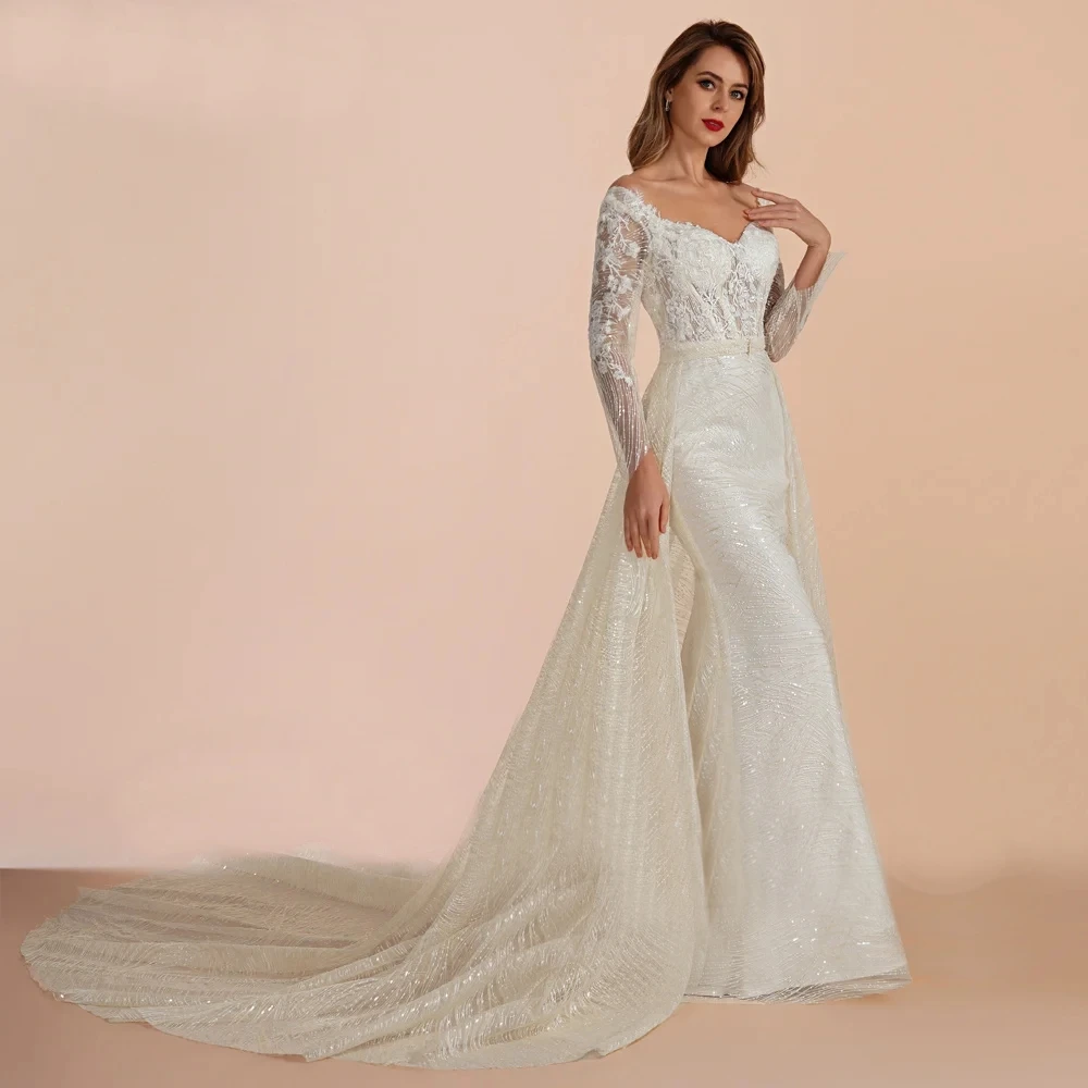 Modern Mermaid Wedding Dresses Woman's Long Sleeve Lace Applique Ball Gowns Sweetheart Long Sweep Train Formal Bride Beach Party
Modern Mermaid Wedding Dresses Woman's Long Sleeve Lace Applique Ball Gowns Sweetheart Long Sweep Train Formal Bride Beach Party