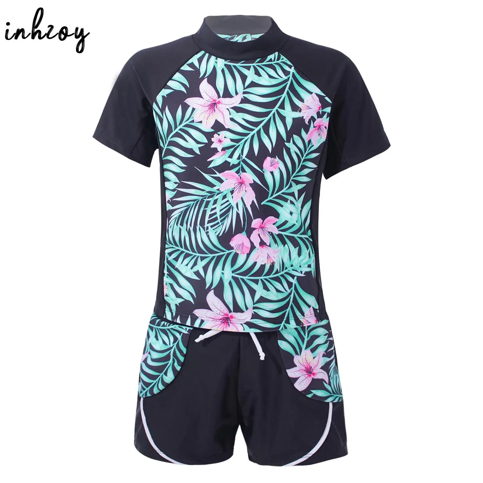 Kids Girls 2 Pieces Swimming Sets Short Sleeves Floral Print Swim Top with Drawstring Shorts Beach Swimwear Surfing Bathing Suit
Kids Girls 2 Pieces Swimming Sets Short Sleeves Floral Print Swim Top with Drawstring Shorts Beach Swimwear Surfing Bathing Suit