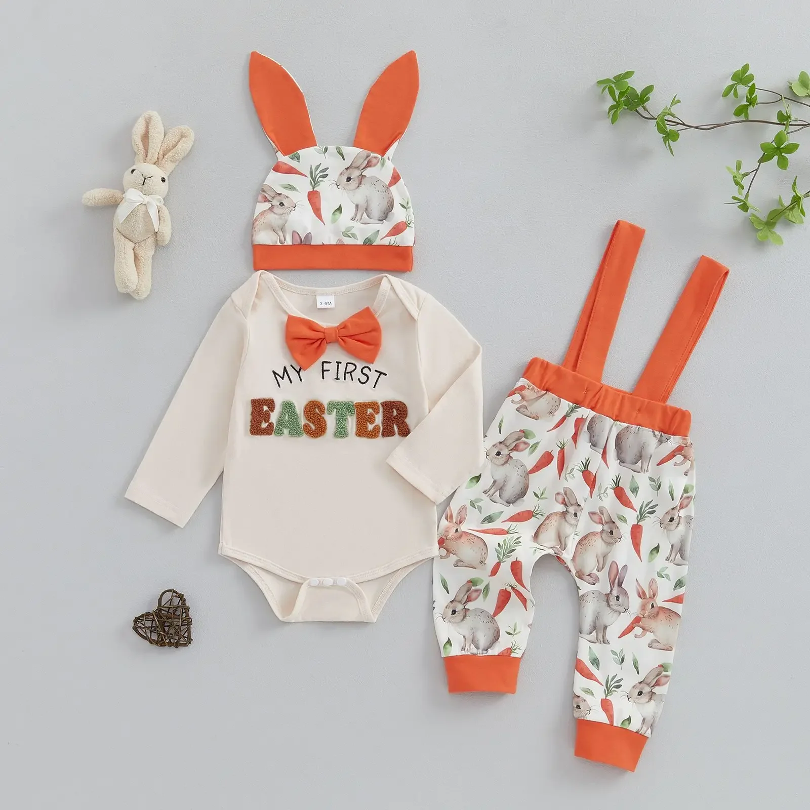 Baby and Boy's Letter Embroidered Long Sleeved Shirt with Cute Shoulder Straps and Easter Bunny Ear Hat Three Piece Set
Baby and Boy's Letter Embroidered Long Sleeved Shirt with Cute Shoulder Straps and Easter Bunny Ear Hat Three Piece Set