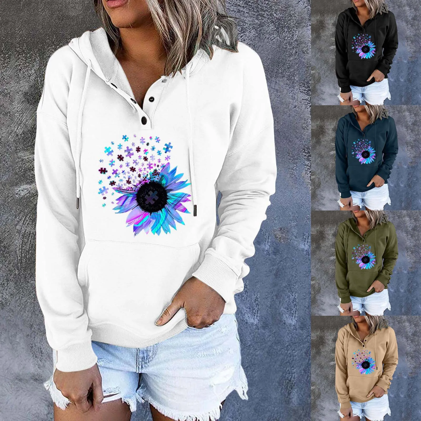 Ladies Long Sleeve Button Sweatshirt Print Hooded Drawstring Pocket Loose Casual Sweatshirt Sudaderas Autumn Hoodies
Ladies Long Sleeve Button Sweatshirt Print Hooded Drawstring Pocket Loose Casual Sweatshirt Sudaderas Autumn Hoodies