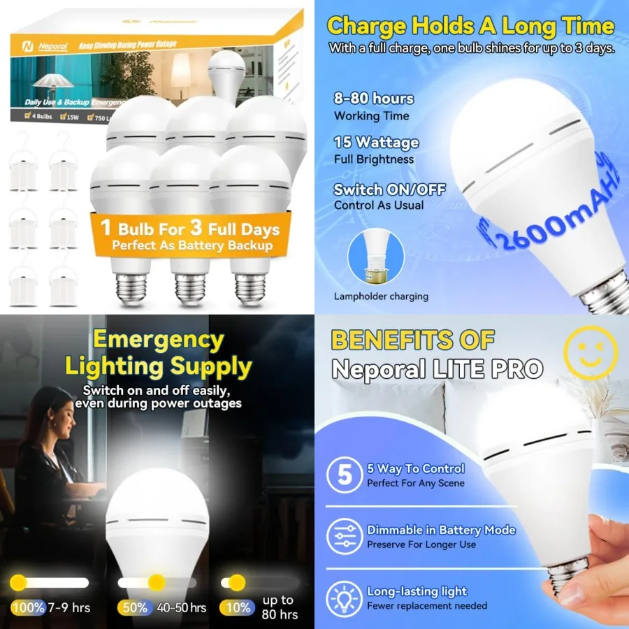 A19 Rechargeable Light Bulbs, Socket Rechargeable Emergency Light Bulb for Power Failure, Battery Backup Bulbs for Home, Hurric
A19 Rechargeable Light Bulbs, Socket Rechargeable Emergency Light Bulb for Power Failure, Battery Backup Bulbs for Home, Hurric