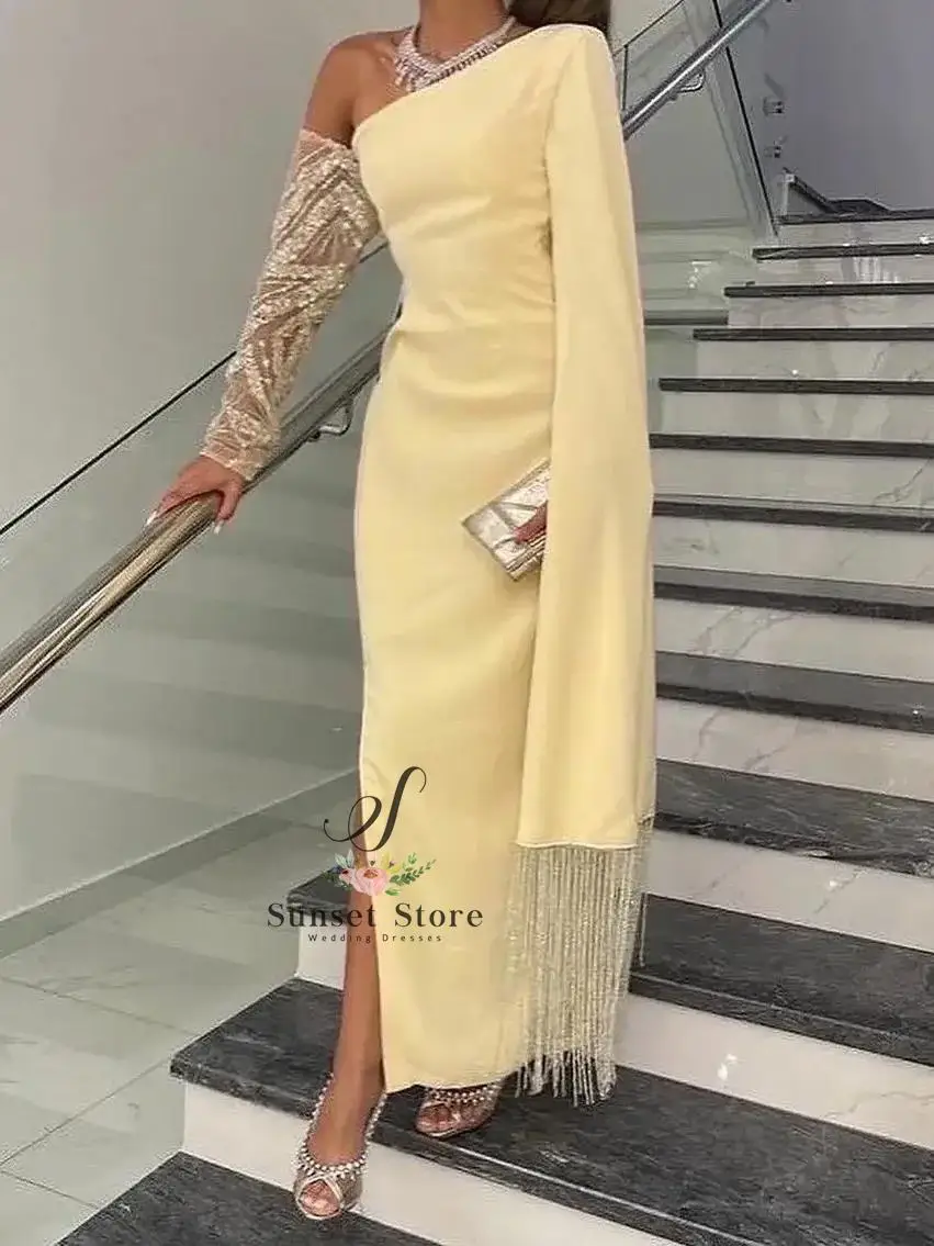 Customized Arabia Women's Prom Dresses Tassel Evening Dress Knee-Length Satin Sequins Tulle Long Sleeves Slit Party Yellow Dres
Customized Arabia Women's Prom Dresses Tassel Evening Dress Knee-Length Satin Sequins Tulle Long Sleeves Slit Party Yellow Dres