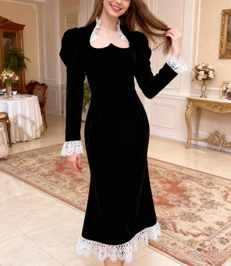 Women's fashionable and elegant long sleeved gold velvet dress for autumn and winter 2025 new black patchwork lace long skirt
Women's fashionable and elegant long sleeved gold velvet dress for autumn and winter 2025 new black patchwork lace long skirt