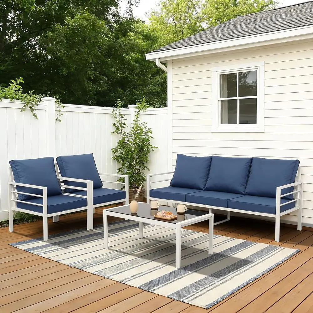 4-Piece Outdoor Patio Furniture Set: White Metal Couch, Chairs, Glass Coffee Table with Navy Blue Cushions and Waterproof Covers
4-Piece Outdoor Patio Furniture Set: White Metal Couch, Chairs, Glass Coffee Table with Navy Blue Cushions and Waterproof Covers