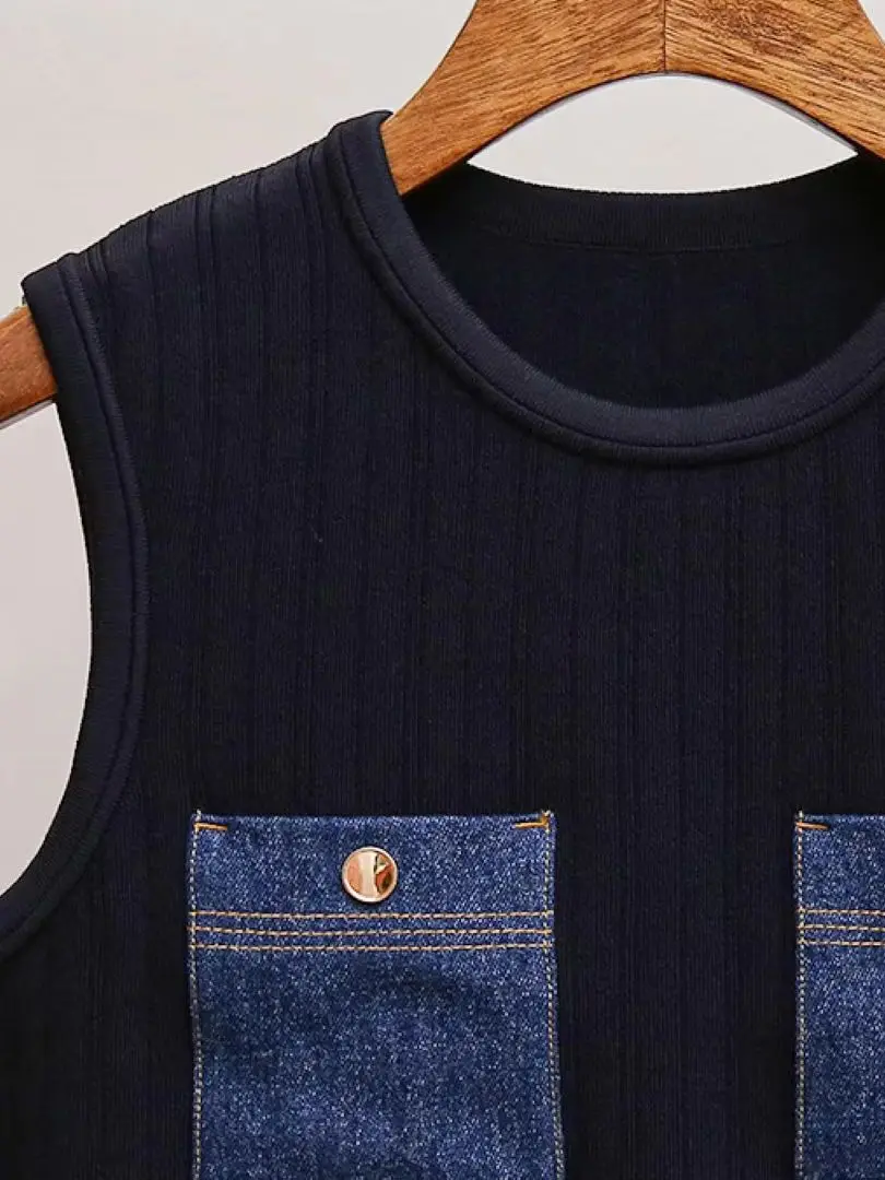 Spring/Fall Women O-Neck Sleeveless Spliced Denim Pocket Contrast Solid Short Knit Top Loose Fashion Casual Vest
Spring/Fall Women O-Neck Sleeveless Spliced Denim Pocket Contrast Solid Short Knit Top Loose Fashion Casual Vest