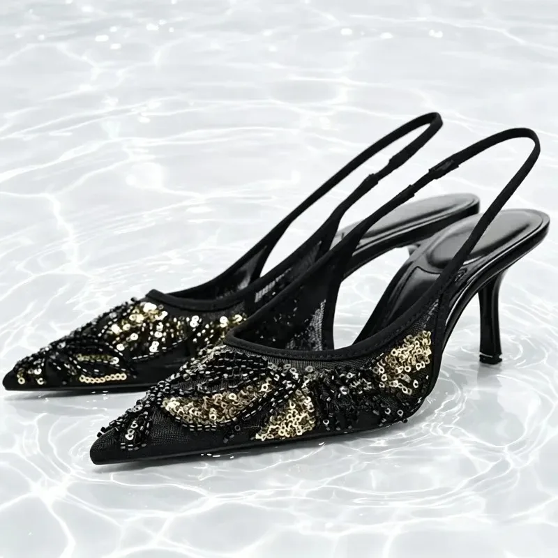 Black String Bead Sequins Decoration High Heels Women Sexy Pointed Toe Mesh Slingback Stiletto Sandals Luxury Banquet Dress Shoe
Black String Bead Sequins Decoration High Heels Women Sexy Pointed Toe Mesh Slingback Stiletto Sandals Luxury Banquet Dress Shoe