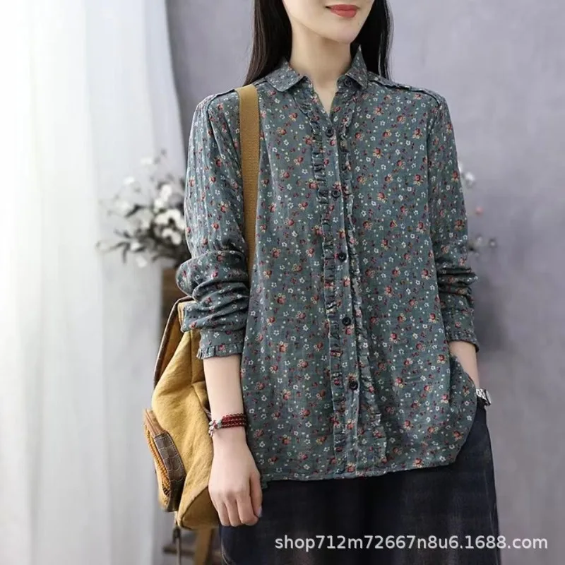 Retro Printed Shirt for Women in Spring and Autumn New Style of Wood Ear Design Cotton Long Sleeve Single-breasted Top 
Retro Printed Shirt for Women in Spring and Autumn New Style of Wood Ear Design Cotton Long Sleeve Single-breasted Top