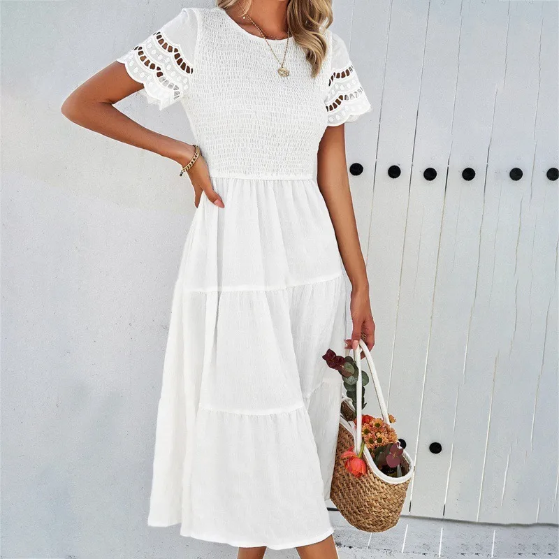 

2024 Spring & Summer Women's Fashion Solid Hollow Out Casual Dress Temperament Commuting Vacation Female Short Sleeve Dresses